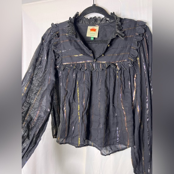 FARM RIO Metallic Stripe Ruffle Shirt In Black - Picture 7 of 8